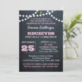 Chalkboard Lights Roze Eerste Communie Uitnodiging (Staand voorkant)