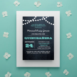 Chalkboard Lights Turquoise Quinceañera Invitation