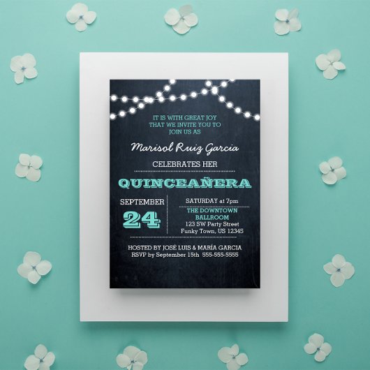 Chalkboard Lights Turquoise Quinceañera Invitation