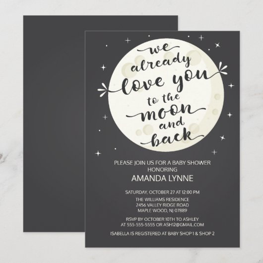 Chalkboard Love Moon & Back Baby shower Invitation (Devant / Derrière)