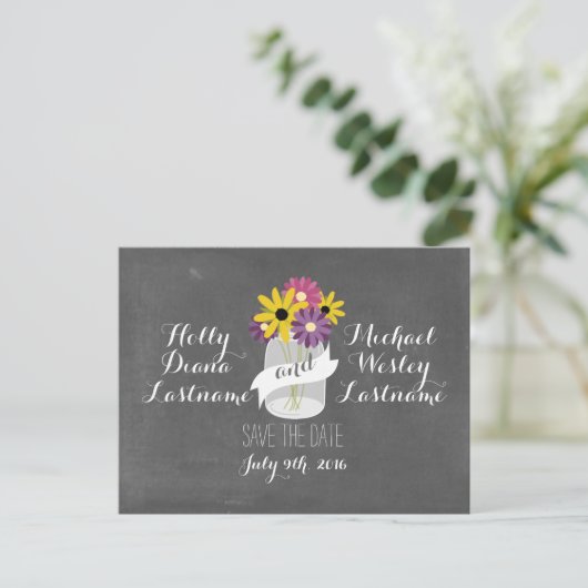 Chalkboard Mason Fleurs Jar Enregistrer Date Carte (Debout devant)