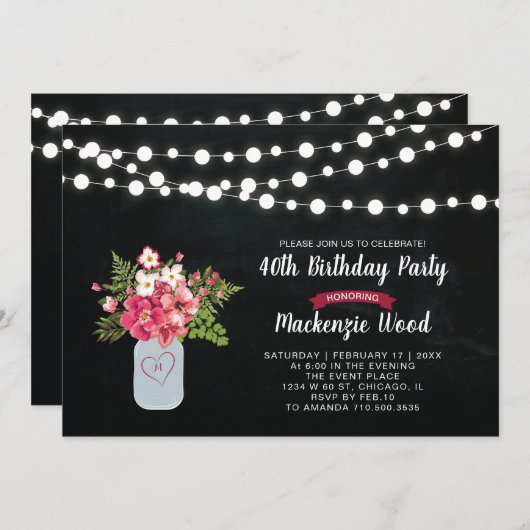 Chalkboard, Mason Jar 40e Anniversaire Invitation (Devant / Derrière)