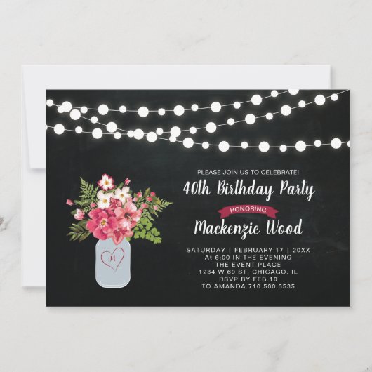 Chalkboard, Mason Jar 40th Birthday Invitation Kaart (Voorkant)