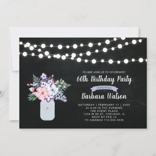 Chalkboard, Mason Jar 60e Anniversaire Invitation (Devant)