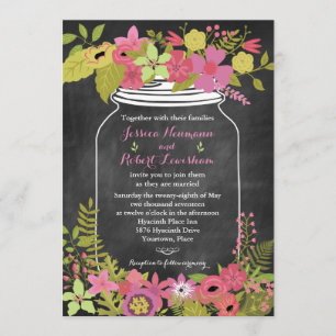 Chalkboard Mason Jar Coral Pink Floral Wedding Kaart