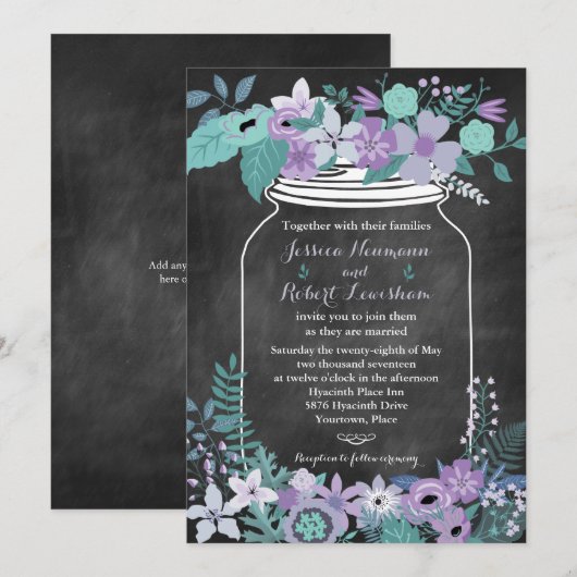 Chalkboard Mason Jar Paarse Aqua Floral Wedding Kaart (Voorkant / Achterkant)