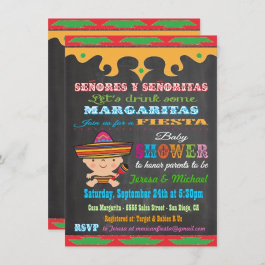 Chalkboard Mexicaine Fiesta Baby Douche invitation (Devant / Derrière)