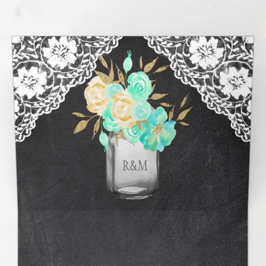 Chalkboard Mint Floral Mason Jar Lace Wedding Drieluik Uitnodiging (Binnenzijde eerst)