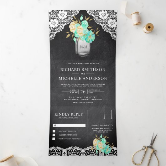 Chalkboard Mint Floral Mason Jar Lace Wedding Drieluik Uitnodiging (Binnen)