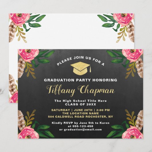  Chalkboard Modern Floral Graduation party Kaart (Voorkant / Achterkant)