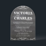 Chalkboard Moderne Typographie Vintage Invitation<br><div class="desc">Retro Chalkboard Art avec la main de Groom Placing the Ring on His Bride's Finger comme ils disent "I Do" Chalkboard Typographie victorienne rétro sur le dos. Anglais Cottagecore Wedding Invitations avec un élément vintage de frontière qui est unique et sûr d'obtenir beaucoup de compliments lorsque vous envoyez ceux-ci à...</div>