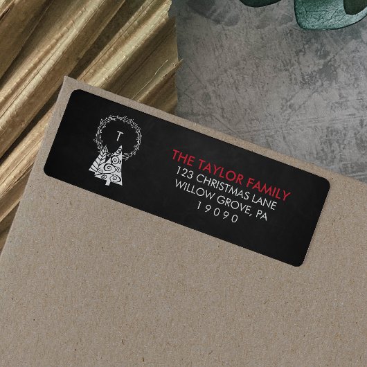 Chalkboard Monogram Wreater Kerstmis Etiket