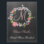 Chalkboard Monogramme Douche nuptiale Livre d'or<br><div class="desc">Chalkboard Monogramme Corail rose Floral Wreath Brive Guides Livre d'or</div>