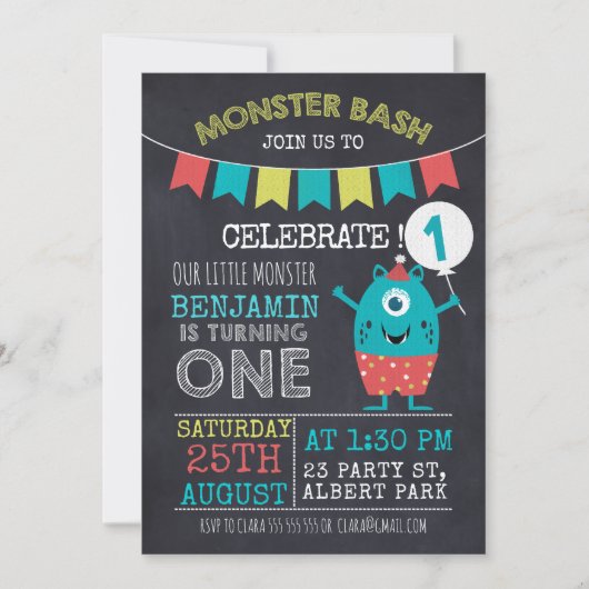 Chalkboard Monster 1sr Birthday Invitation Kaart (Voorkant)