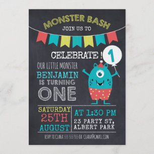 Chalkboard Monster 1sr Birthday Invitation Kaart