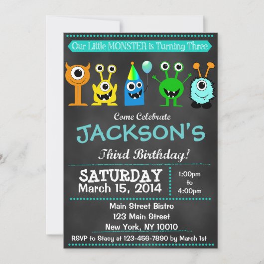 Chalkboard Monster Third Birthday Invitation Kaart (Voorkant)