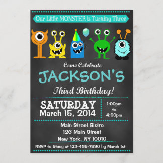 Chalkboard Monster Third Birthday Invitation Kaart