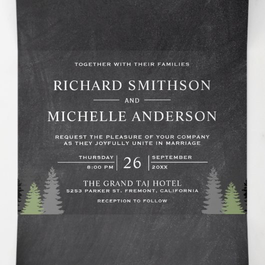Chalkboard Mountain Forest String Lights Wedding Drieluik Uitnodiging (Binnenkant midden)