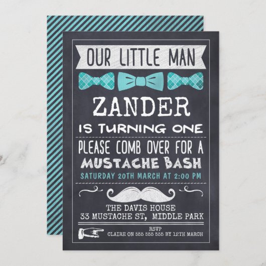 Chalkboard Mustache 1st Birthday Uitnodiging (Voorkant / Achterkant)