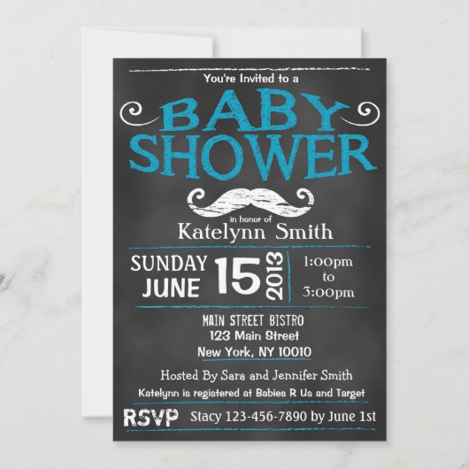 Chalkboard Mustache Baby shower Invitation Kaart (Voorkant)