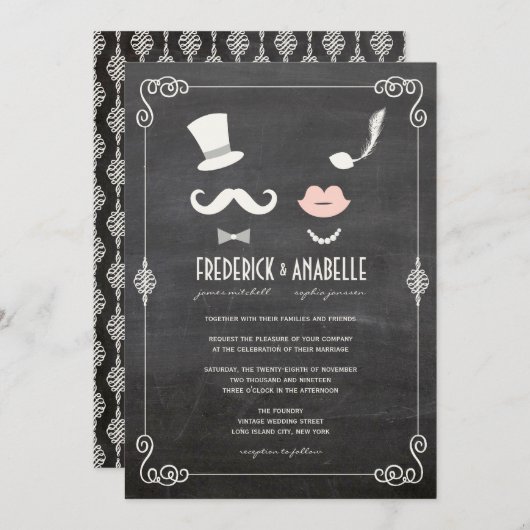 Chalkboard Mustache en Lips  Chic Wedding Kaart (Voorkant / Achterkant)