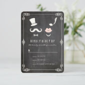 Chalkboard Mustache en Lips  Chic Wedding RSVP Kaartje (Staand voorkant)
