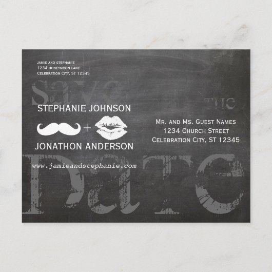 Chalkboard Mustache Lips  Opslaan Datum Aankondigingskaart (Achterkant)