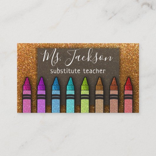 Chalkboard Naam leraar Rainbow Glitter Crayons Visitekaartje (Voorkant)