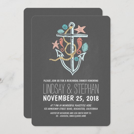 Chalkboard nautische strand repetitie diner uitnod kaart (Voorkant / Achterkant)