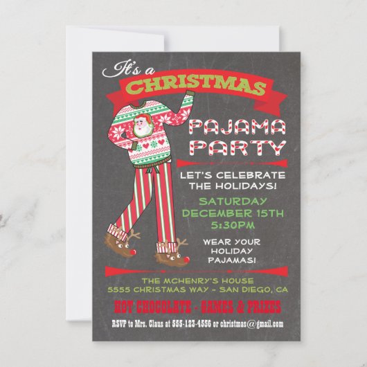 Chalkboard Noël Pyjama fêtes Invitations (Devant)