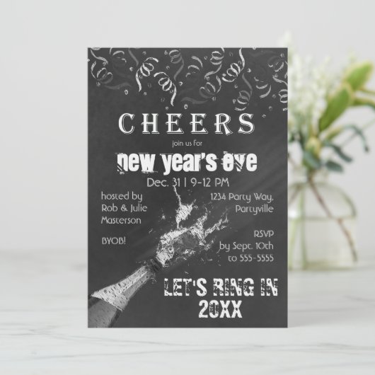 Chalkboard Nouvel An Champange Invitation (Debout devant)