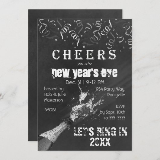 Chalkboard Nouvel An Champange Invitation (Devant / Derrière)
