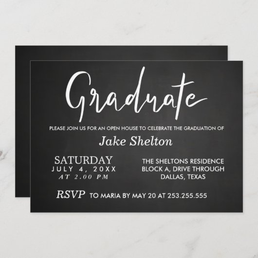 Chalkboard Open House Afstuderen Script Kaart (Voorkant / Achterkant)