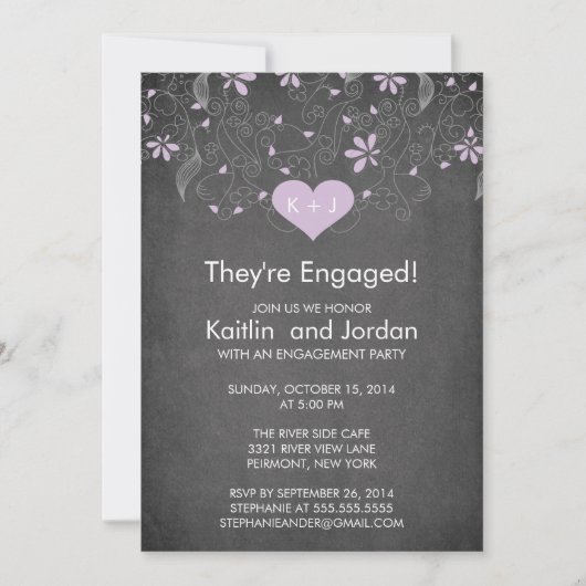 Chalkboard Paarse Heart Flower Engagement Party Kaart (Voorkant)