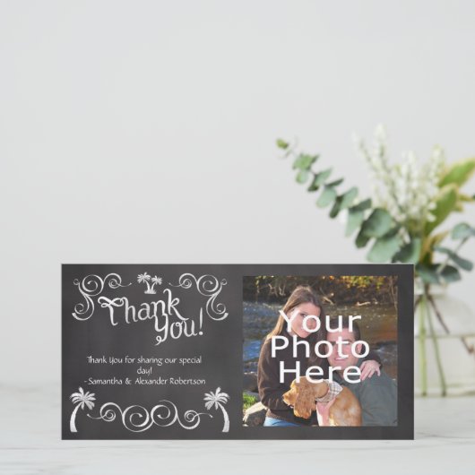 Chalkboard Palm Tree Beach trouwfoto dank u Bedankkaart (Staand voorkant)
