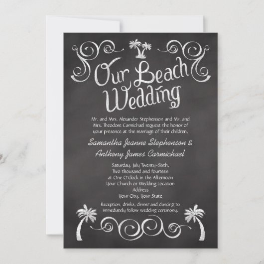 Chalkboard palm Tree Beach Weddenschap Kaart (Voorkant)
