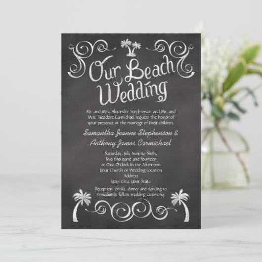 Chalkboard palm Tree Beach Weddenschap Kaart (Staand voorkant)