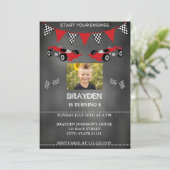 Chalkboard Photo Race Car Anniversaire Invitation (Debout devant)