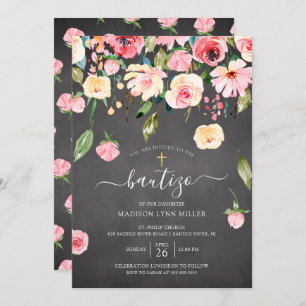 Chalkboard Pink Peonies Floral Spain Baptisme Kaart