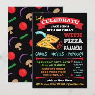 Chalkboard Pizza & Pajamas Birthday Party Kaart