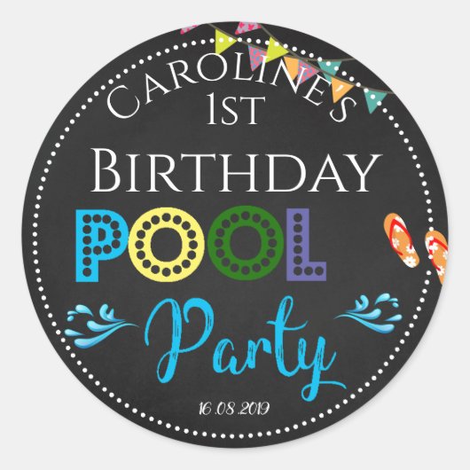 Chalkboard Pool Party 1er Anniversaire Sticker (Devant)