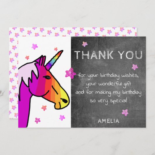 Chalkboard Rainbow Unicorn Carte de remerciements (Devant / Derrière)