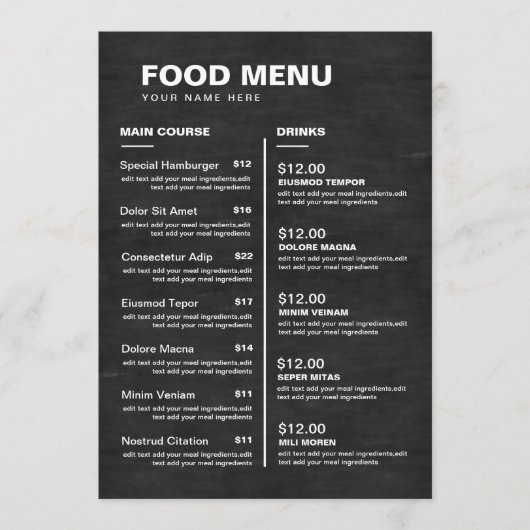 Chalkboard Restaurant Restauration Menu Boisson |  (Devant)