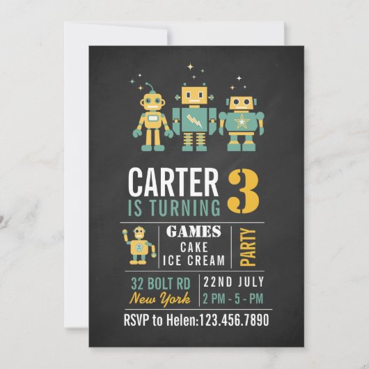 Chalkboard Robots Verjaardagsfeestje Uitnodiging (Voorkant)
