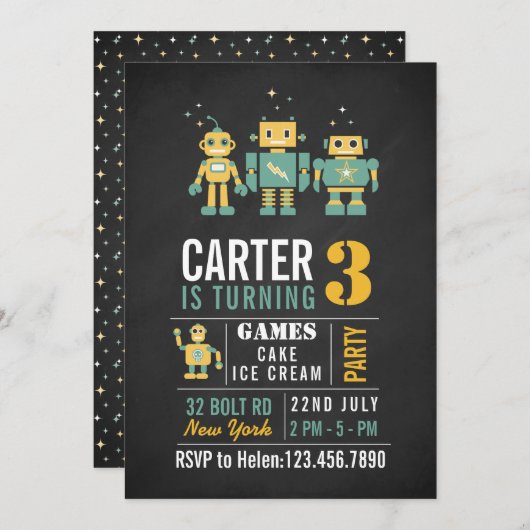 Chalkboard Robots Verjaardagsfeestje Uitnodiging (Voorkant / Achterkant)