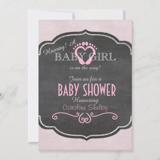 Chalkboard Rose Baby Girl Heart Shower Invitation (Devant)
