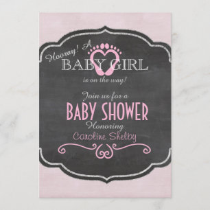 Chalkboard Rose Baby Girl Heart Shower Invitation