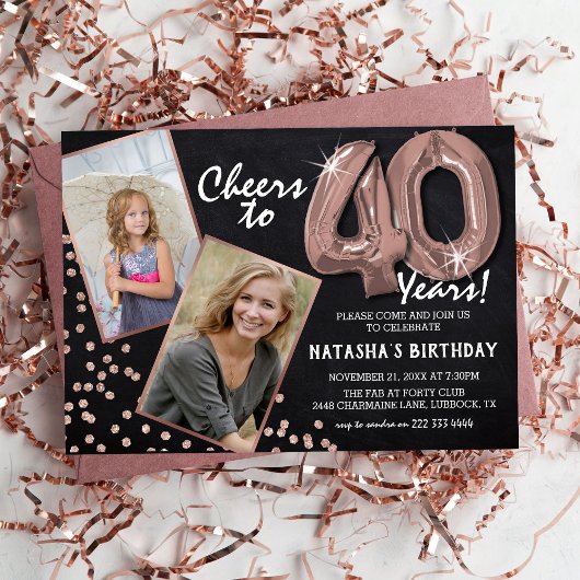 Chalkboard Rose Gold Balloons 2 Foto 40th Birthday Kaart
