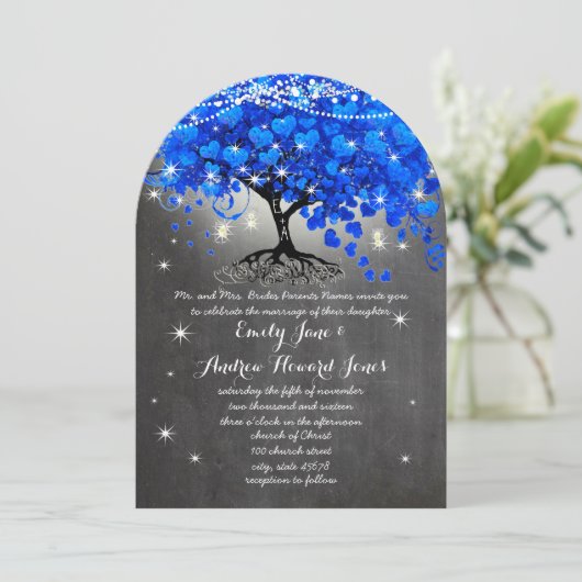 Chalkboard Royal Blue Heart Leaf Tree Mason Jar Kaart (Staand voorkant)