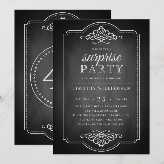  Chalkboard Rustic Surprise Birthday Party Kaart (Voorkant / Achterkant)